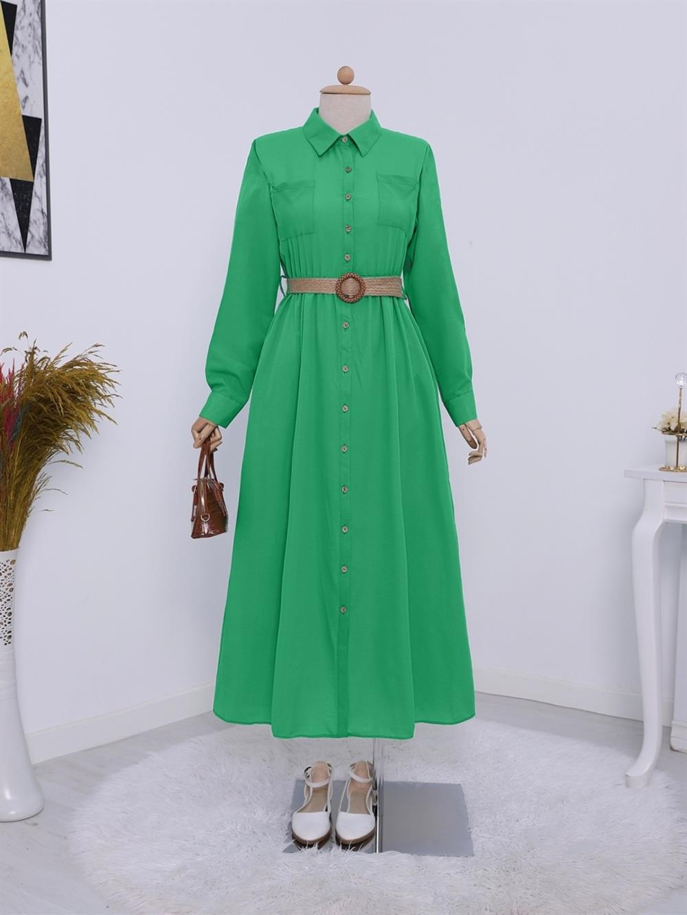Boydan Düğmeli Kemerli Gömlek Elbise -Yeşil - 120-1523-R35 | NEW SHE Marka Elbise  Modelleri | Kadın Tesettür Giyim - KaliteMall.com