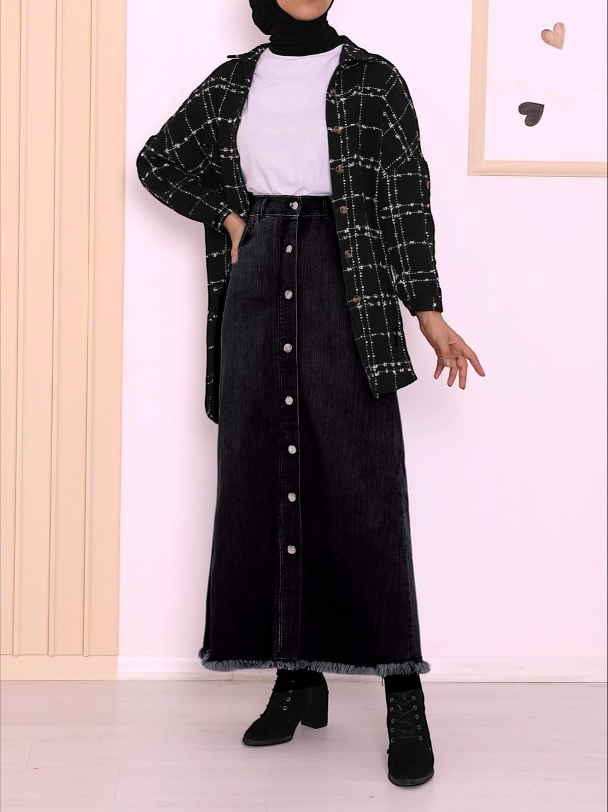 Boydan Düğmeli Kot Etek -Siyah - 123-0684-R01 | ZERDE Marka Uzun Kot Etek  Modelleri | Kadın Tesettür Giyim - KaliteMall.com