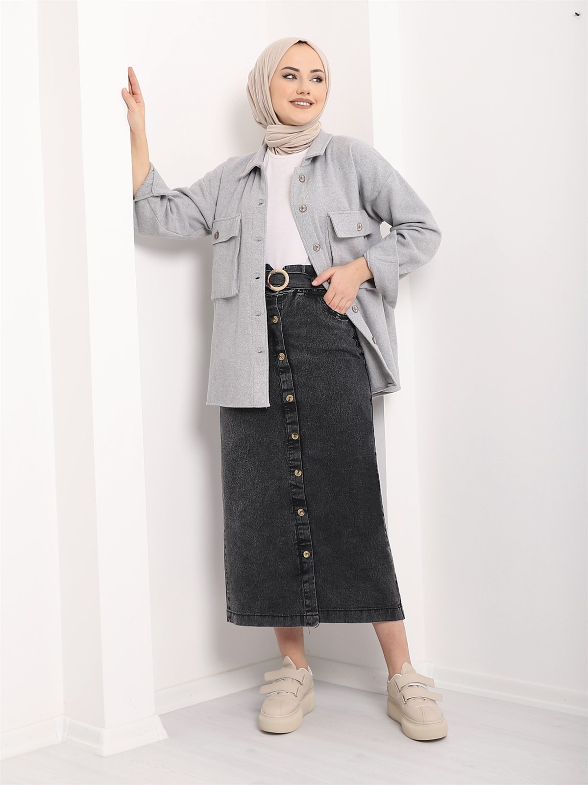 Boydan Düğmeli Tokalı Kot Etek -Füme - 123-3014-R18 | ZERDE Marka Uzun Kot  Etek Modelleri | Kadın Tesettür Giyim - KaliteMall.com