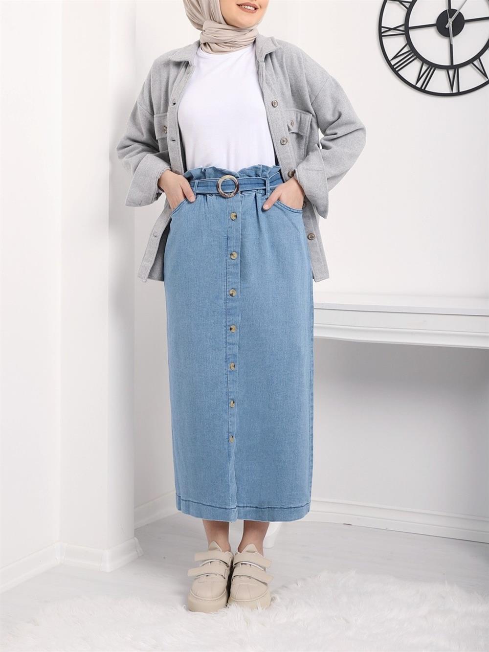 Boydan Düğmeli Tokalı Kot Etek -Mavi - 123-3014-R31 | ZERDE Marka Uzun Kot Etek  Modelleri | Kadın Tesettür Giyim - KaliteMall.com