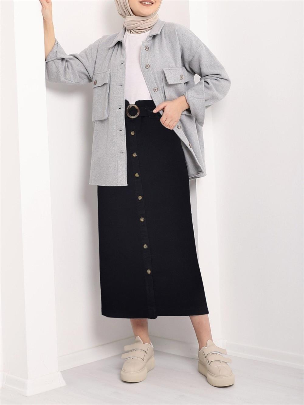 Boydan Düğmeli Tokalı Kot Etek -Siyah - 123-3014-R01 | ZERDE Marka Uzun Kot  Etek Modelleri | Kadın Tesettür Giyim - KaliteMall.com