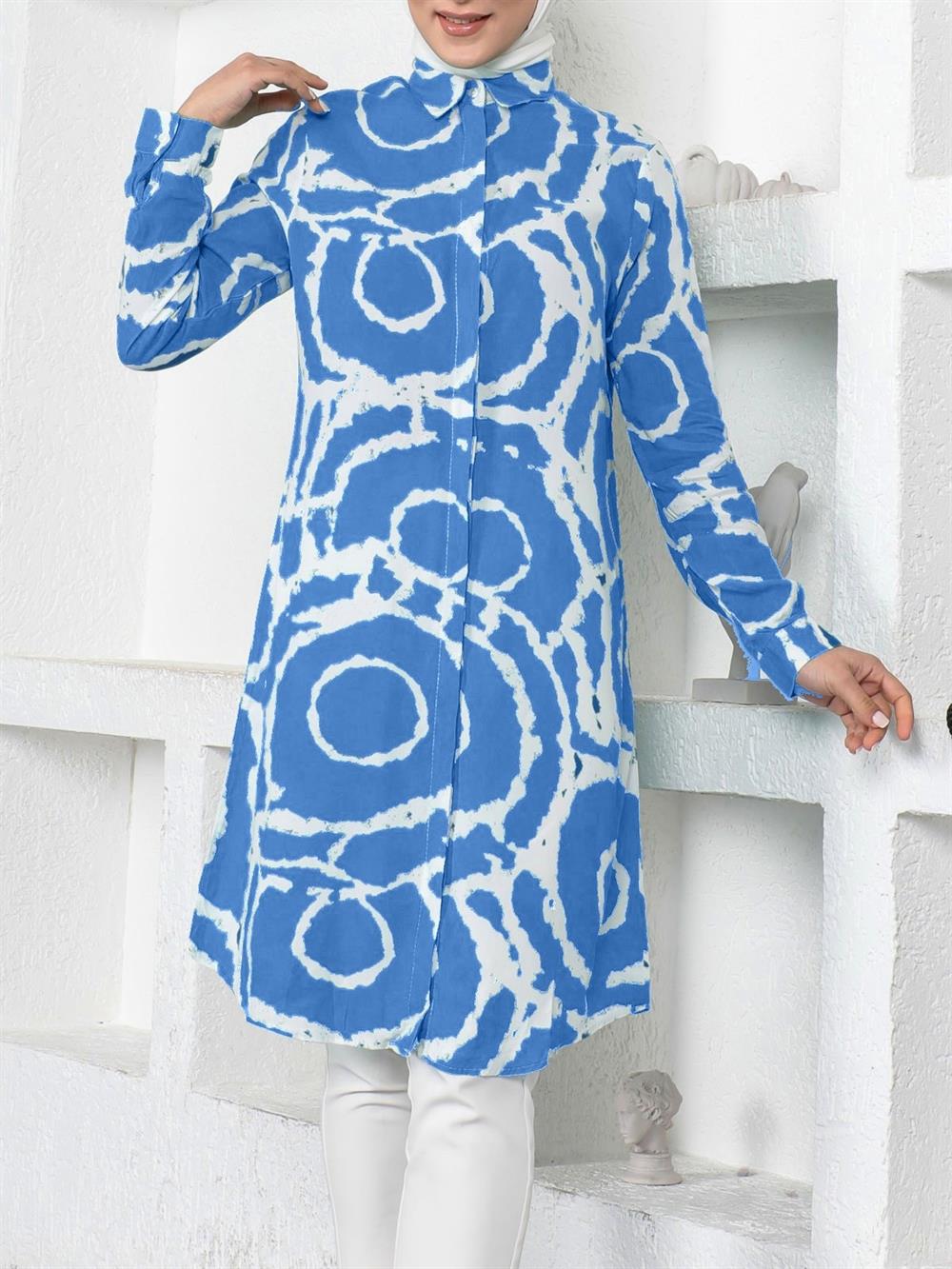 Desenli Boydan Düğmeli Uzun Viskon Tunik -Mavi - 199-2012-R31 | Polo Life  Tunik Modelleri | Kadın Tesettür Giyim - KaliteMall.com