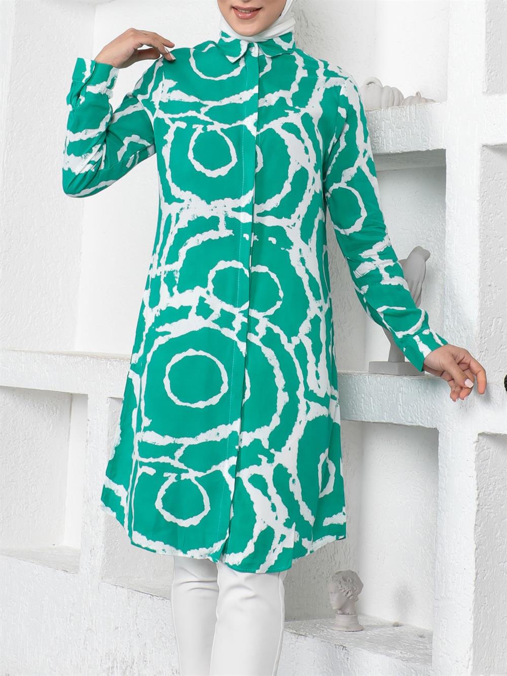 Desenli Boydan Düğmeli Uzun Viskon Tunik -Yeşil - 199-2012-R35 | Polo Life  Marka Tunik Modelleri | Kadın Tesettür Giyim - KaliteMall.com