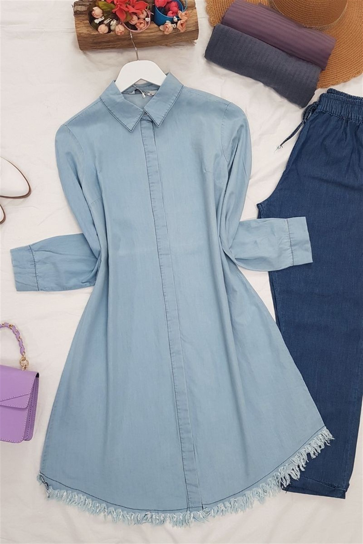 Eteği Püsküllü Kot Tunik -Buz Mavi - 199-0334-R37 | Polo Life Marka Kot  Tunik Modelleri | Kadın Tesettür Giyim - KaliteMall.com