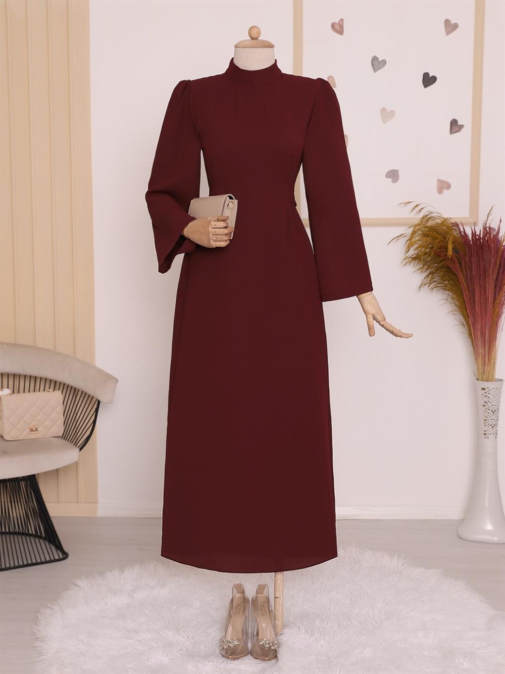 Hakim Yaka Belden Bağlamalı Elbise -Bordo - 111-60835-R04 | Rita Marka Elbise  Modelleri | Kadın Tesettür Giyim - KaliteMall.com