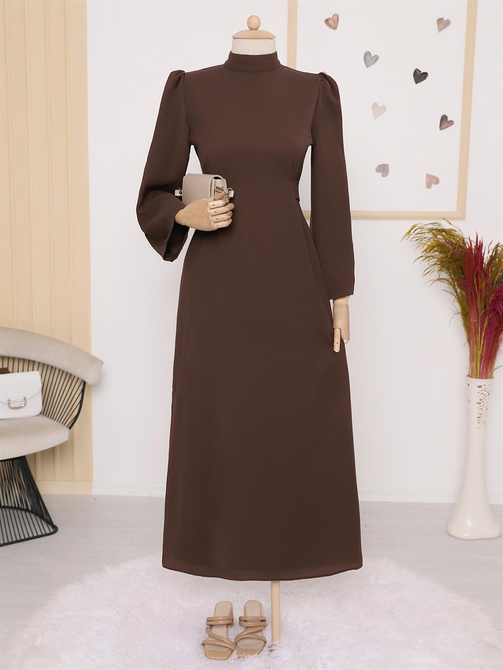 Hakim Yaka Belden Bağlamalı Elbise -Kahverengi - 111-60835-R15 | Rita Marka Elbise  Modelleri | Kadın Tesettür Giyim - KaliteMall.com