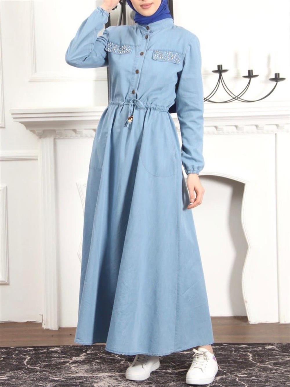 İnci Detaylı Tünel Bağcıklı Uzun Kot Elbise -Buz Mavi - 197-6768-R37 |  Organic Time Elbise Modelleri | Kadın Tesettür Giyim - KaliteMall.com