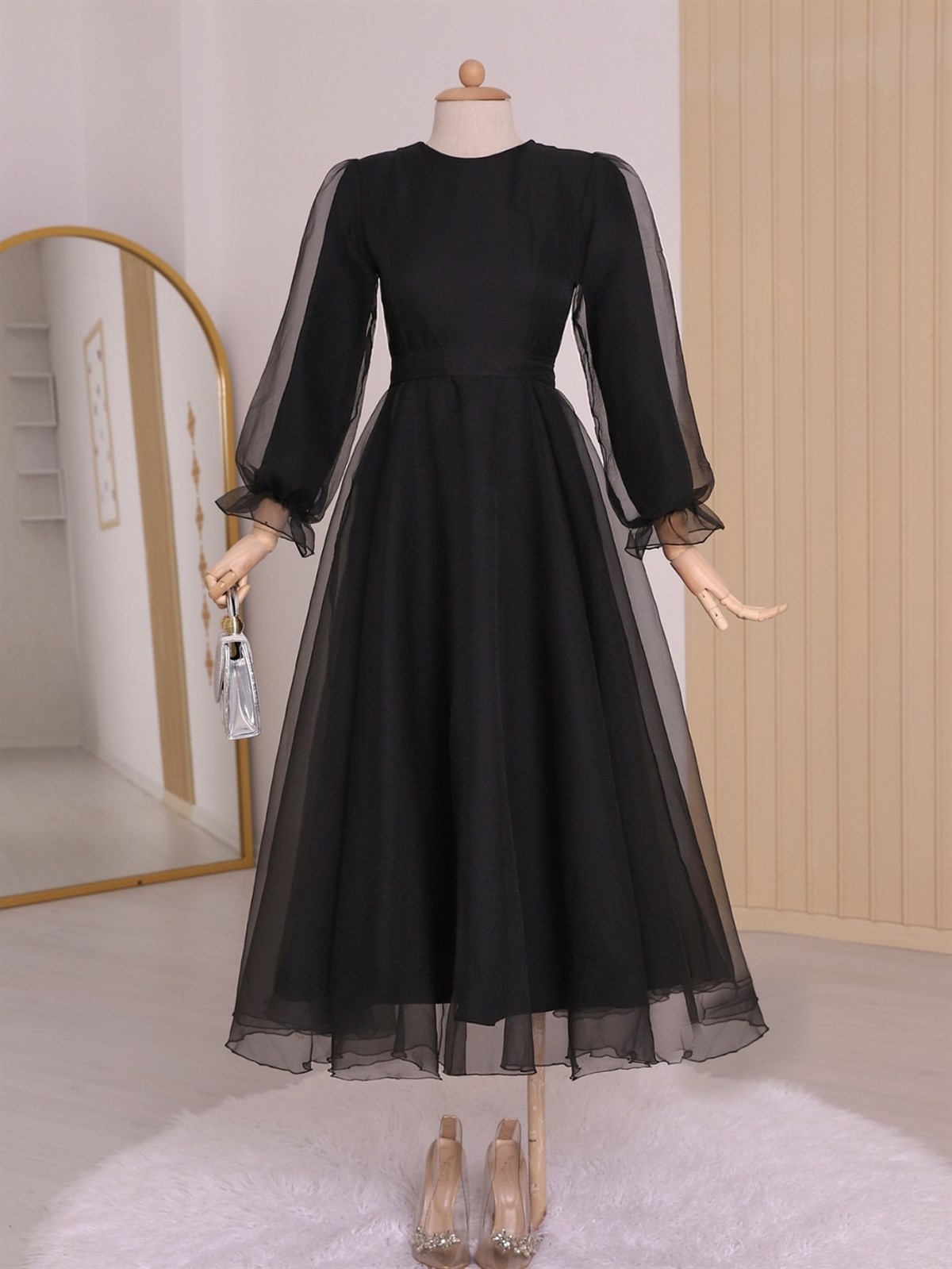 Kabarık Kol ve Etekli Kuşaklı Tül Abiye -Siyah - 111-61076-R01 | Rita Marka Tül  Abiye Modelleri | Kadın Tesettür Giyim - KaliteMall.com