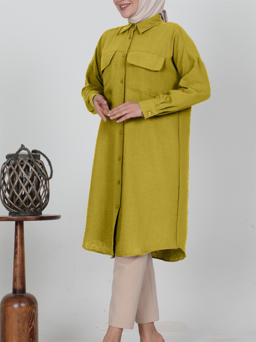 Kapaklı Çift Cepli Boydan Düğmeli Uzun Tunik -Yağ Yeşili - 223-6201-R72 | N  Sade Marka Tunik Modelleri | Kadın Tesettür Giyim - KaliteMall.com