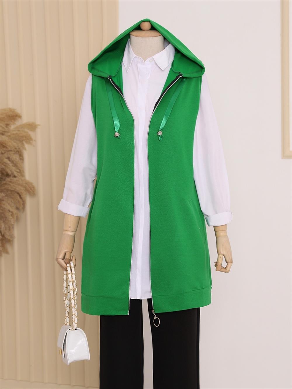 Kapşonlu Penye Yelek -Yeşil - 222-6703-R35 | Nessia Marka Kapşonlu Yelek  Modelleri | Kadın Tesettür Giyim - KaliteMall.com