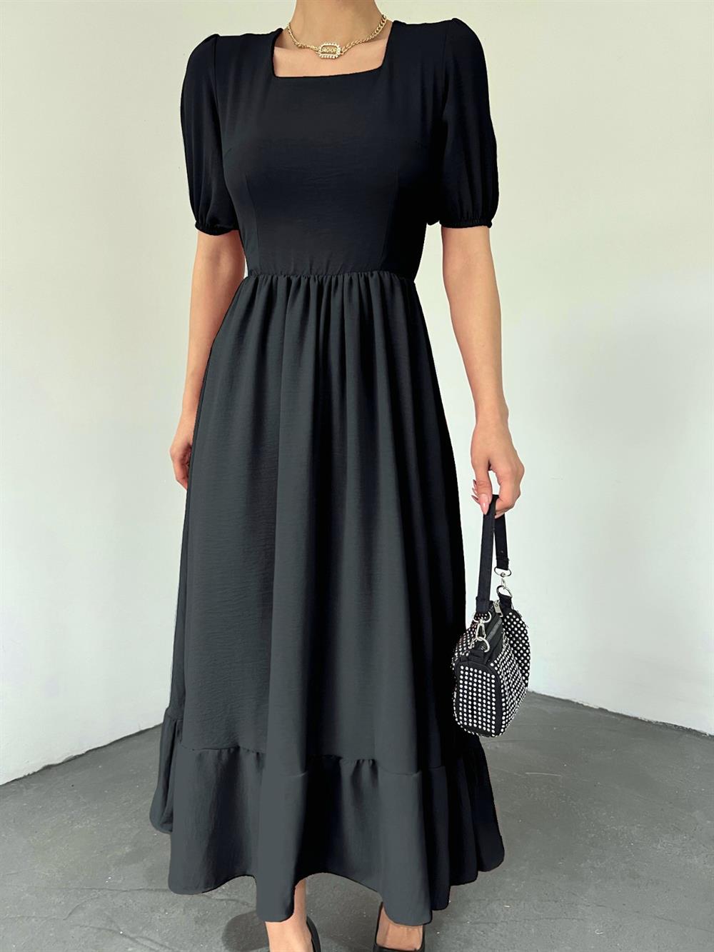 Kare Yaka Beli Lastikli Kısa Kol Ayrobin Elbise -Siyah | KaliteMall