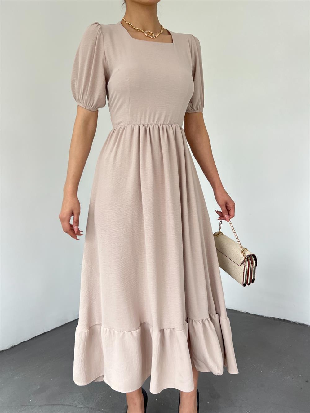 Kare Yaka Beli Lastikli Kısa Kol Ayrobin Elbise -Vizon - 246-3639-R23 |  Kadın Giyim Elbise Modelleri | KaliteMall.com
