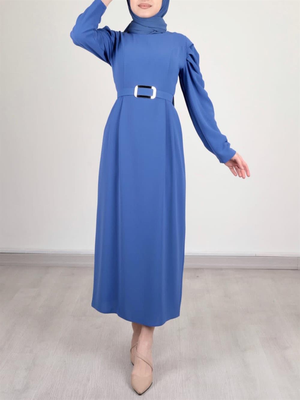Karpuz Kol Tokalı Kemerli Elbise -İndigo | KaliteMall