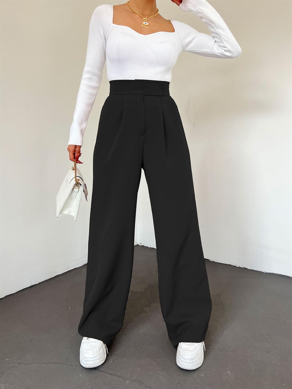 Kemeri Cırtlı Pileli Bol Paça Pantolon -Siyah - 365-1082-R01 | Mersi Marka  Bol Paça Pantolon Modelleri | Kadın Tesettür Giyim - KaliteMall.com