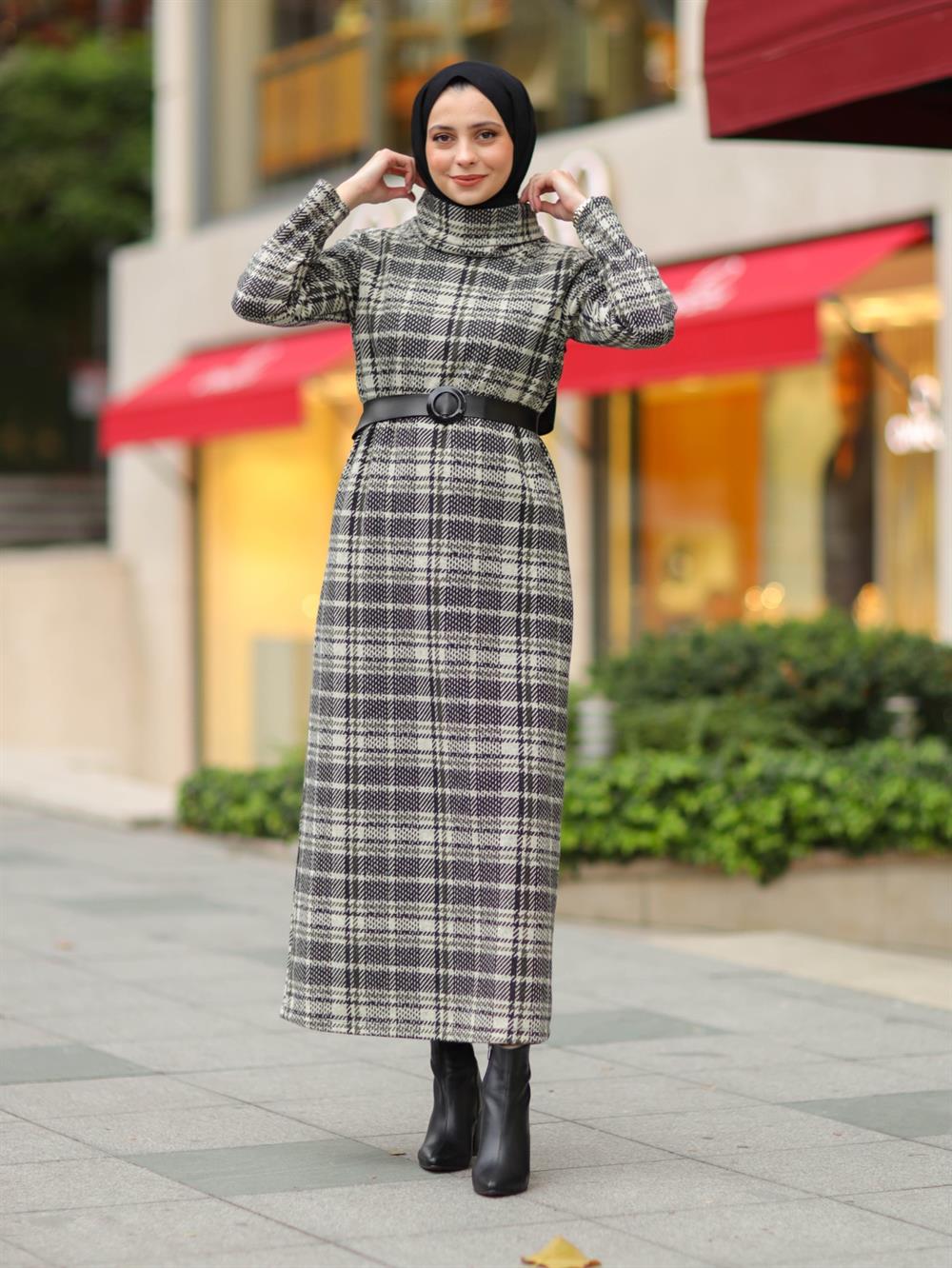 Kemerli Boğazlı Kışlık Tesettür Elbise -Haki - 222-2802-R05 | Nessia Marka  Elbise Modelleri | Kadın Tesettür Giyim - KaliteMall.com
