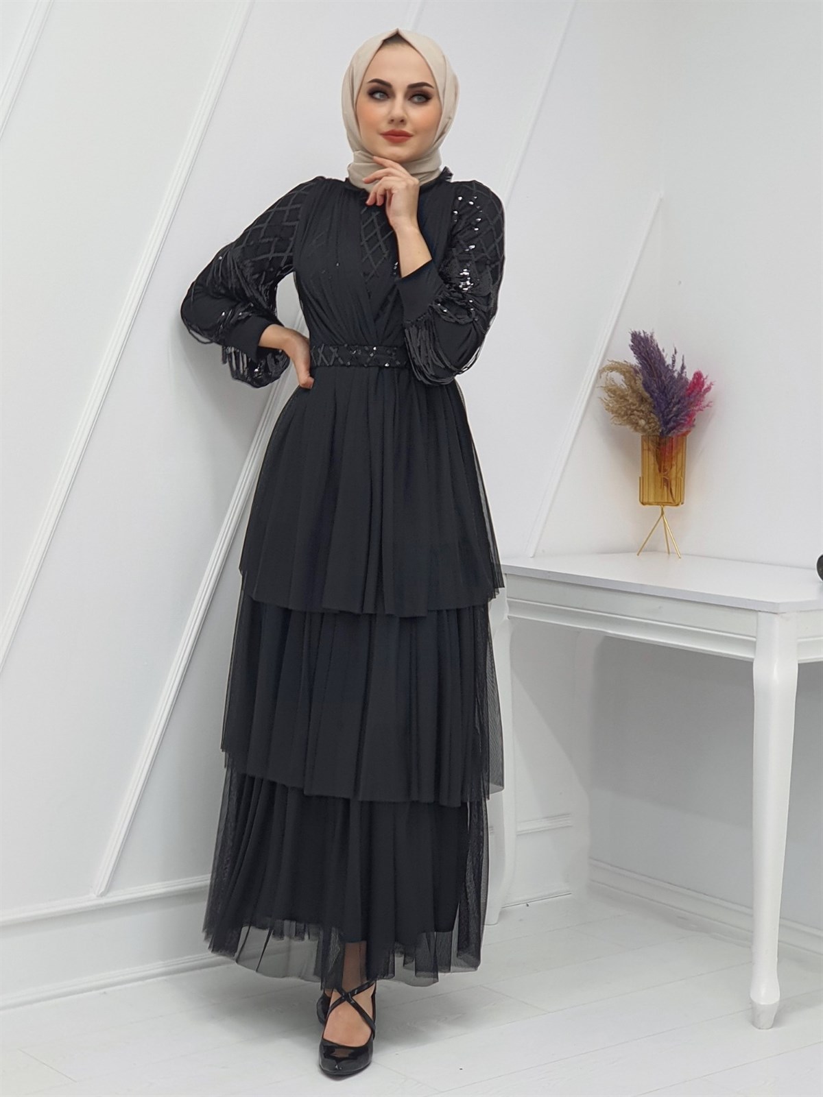 Kolları Pul Payet Tül Abiye -Siyah - 316-2059-R01 | TANE Marka Tulle  Evening Dress Modelleri | Kadın Tesettür Giyim - KaliteMall.com