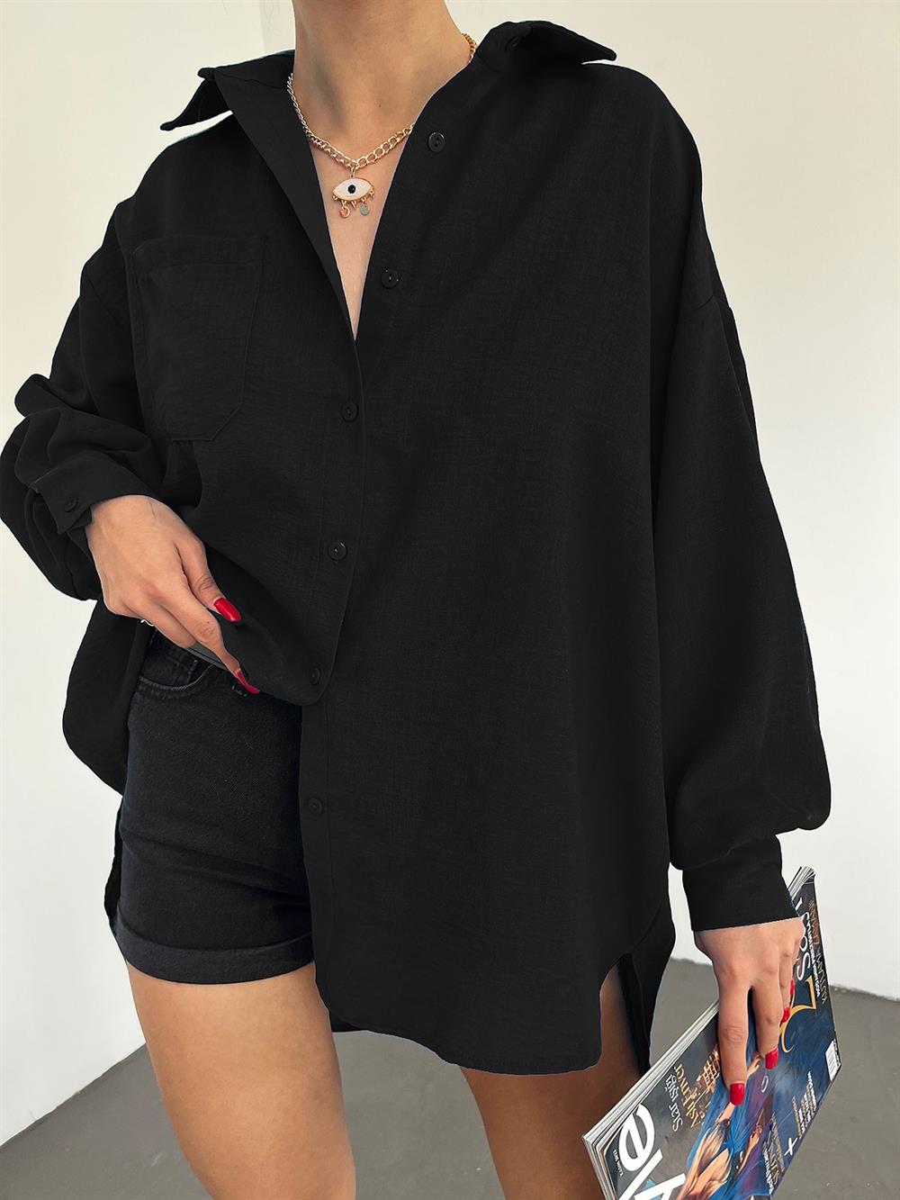 Kolu Çift Düğmeli Arkası Uzun Salaş Gömlek -Siyah - 246-1443-R01 | ŞAMDAN  Marka Gömlek Modelleri | Kadın Tesettür Giyim - KaliteMall.com