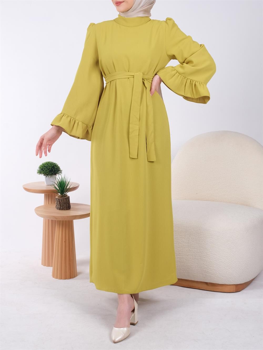 Kolu Fırfırlı Bağcıklı Dik Yaka Uzun Elbise -Yağ Yeşili | KaliteMall