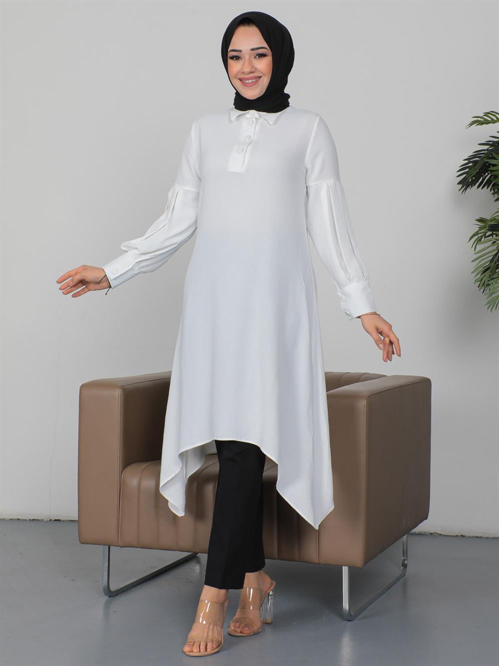 Kolu Pileli Asimetrik Kesim Uzun Ayrobin Tunik -Beyaz - 186-615-R02 | Miss  Mera Ayrobin Tunik Modelleri | Kadın Tesettür Giyim - KaliteMall.com