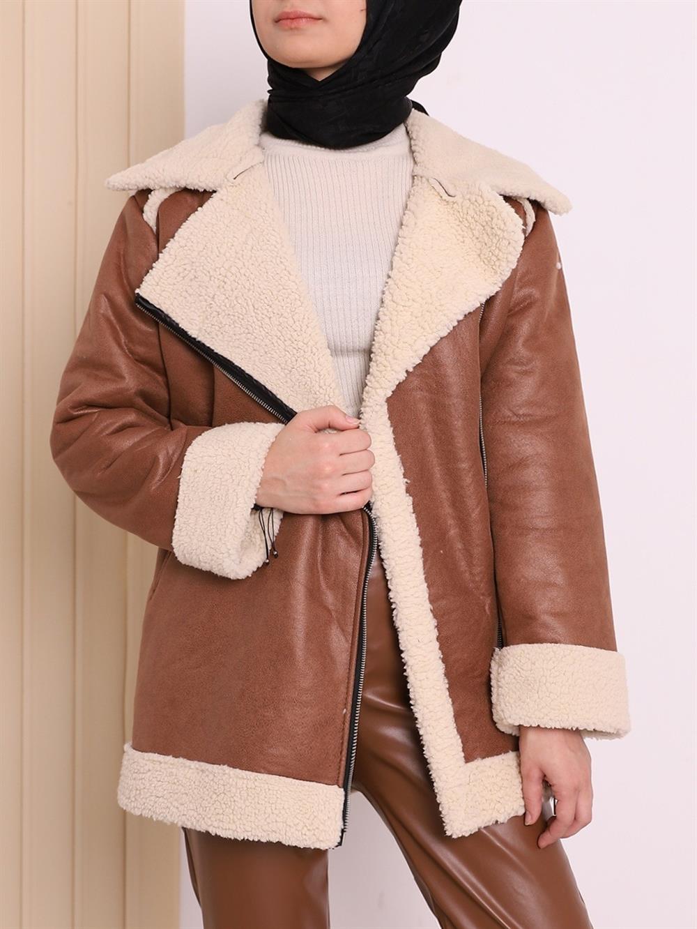 Kuzu Peluş Nubuk Deri Kalın Kışlık Mont -Taba - 246-8351-R12 | Şamdan Marka  İçi Kürklü Mont Modelleri | Kadın Tesettür Giyim - KaliteMall.com