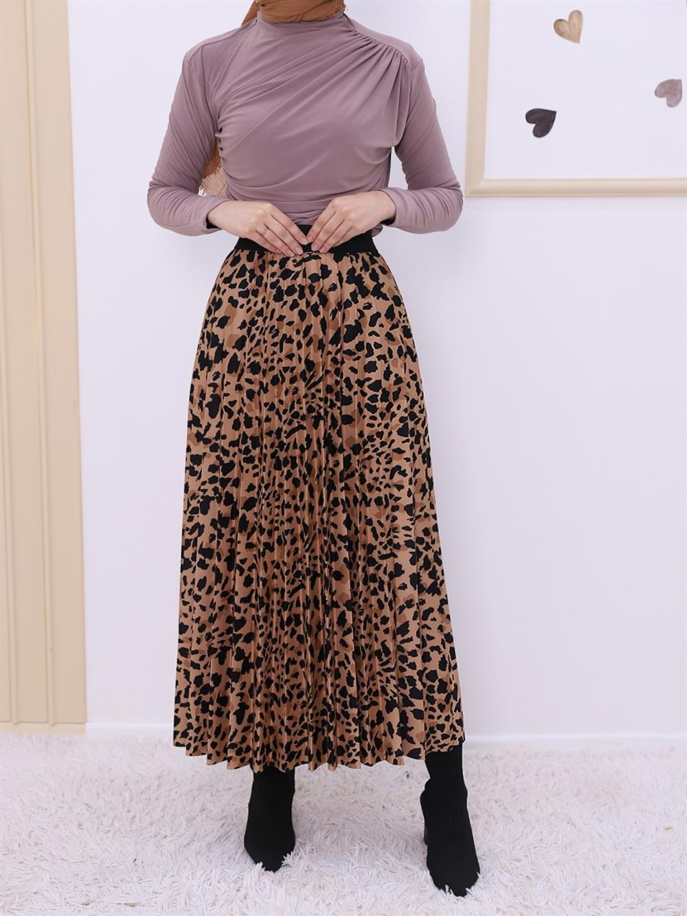Leopar Desen Pliseli Etek -Vizon - 207-6440-R23 | SAGA Marka Etek Modelleri  | Kadın Tesettür Giyim - KaliteMall.com