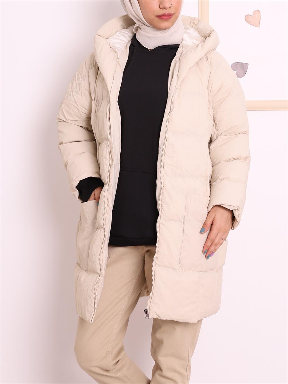 Linea Kraş Kumaş Kalın Şişme Kışlık Mont -Taş - 192-7088-R43 | Miss NAC  Marka Şişme Mont Modelleri | Kadın Tesettür Giyim - KaliteMall.com