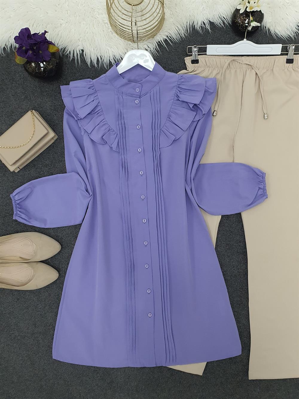Tu Rung Ruffle Ruffled Off-the-Shoulder Ribbed Button-Front Tunic -Lilac