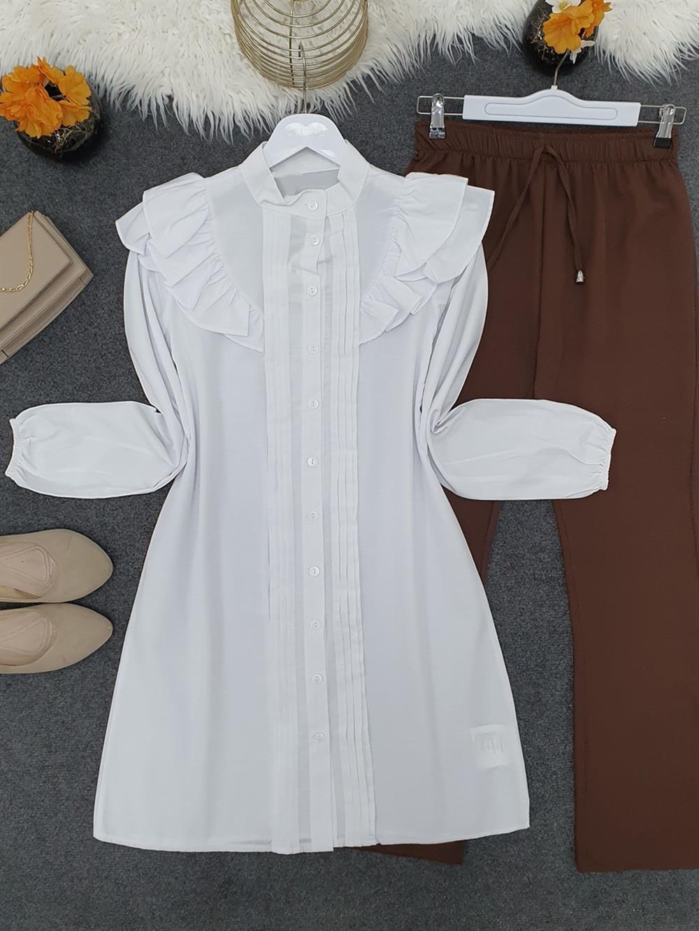 Omuzdan Fırfırlı Önü Nervürlü Düğmeli Tunik -Beyaz - 338-486-R02 | PUANE  Marka Fırfırlı Tunik Modelleri | Kadın Tesettür Giyim - KaliteMall.com