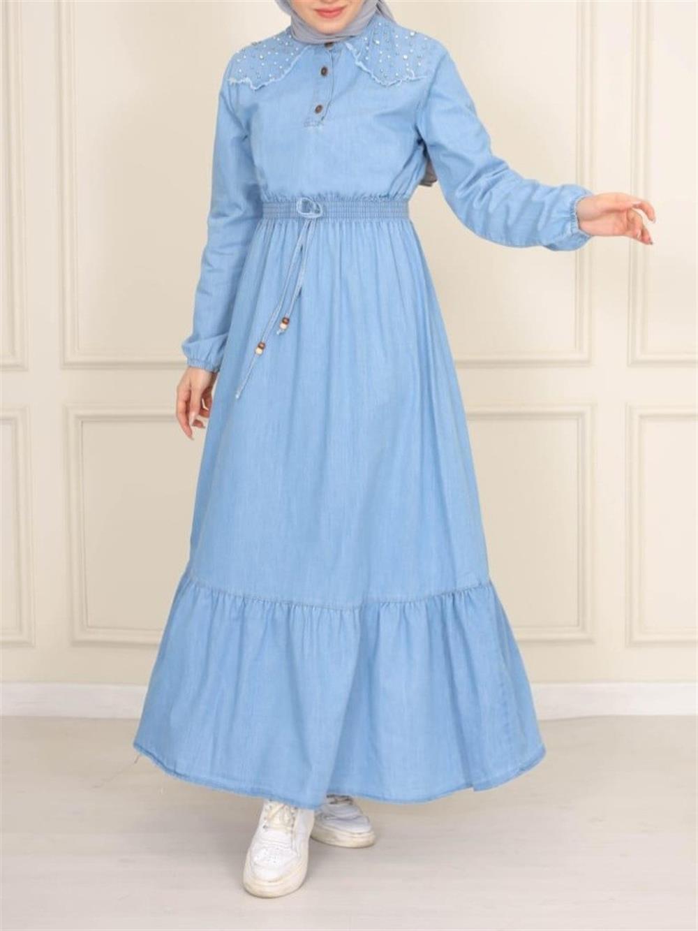 Omuzu İncili Beli Lastikli Parçalı Uzun Kot Elbise -Buz Mavi - 197-6763-R37  | Organic Time Marka Elbise Modelleri | Kadın Tesettür Giyim -  KaliteMall.com