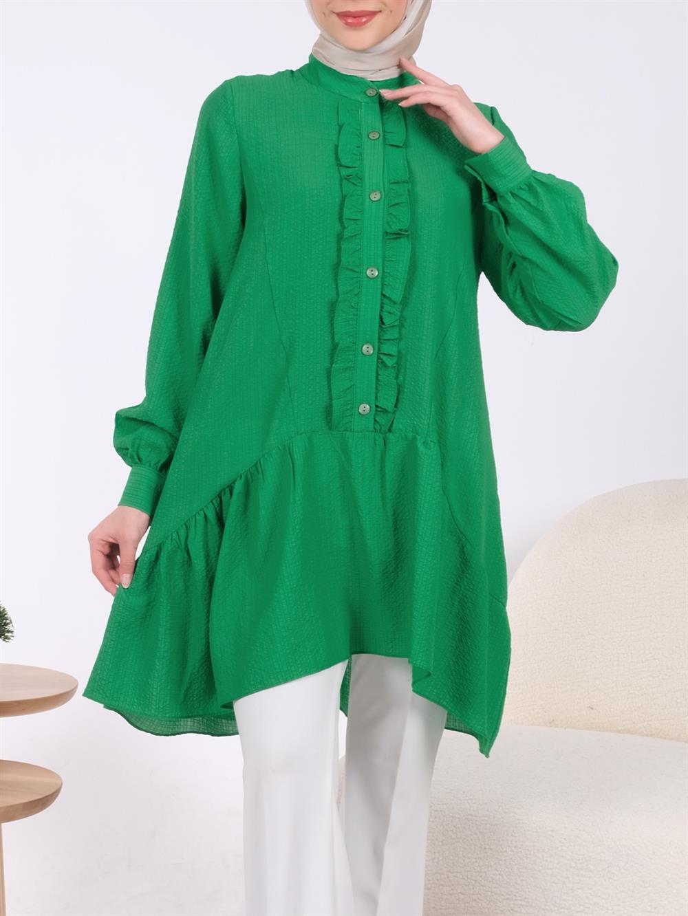 Önden Düğmeli Eteği Fırfırlı Gofre Tunik -Yeşil - 111-20976-R35 | Rita  Marka Fırfırlı Tunik Modelleri | Kadın Tesettür Giyim - KaliteMall.com