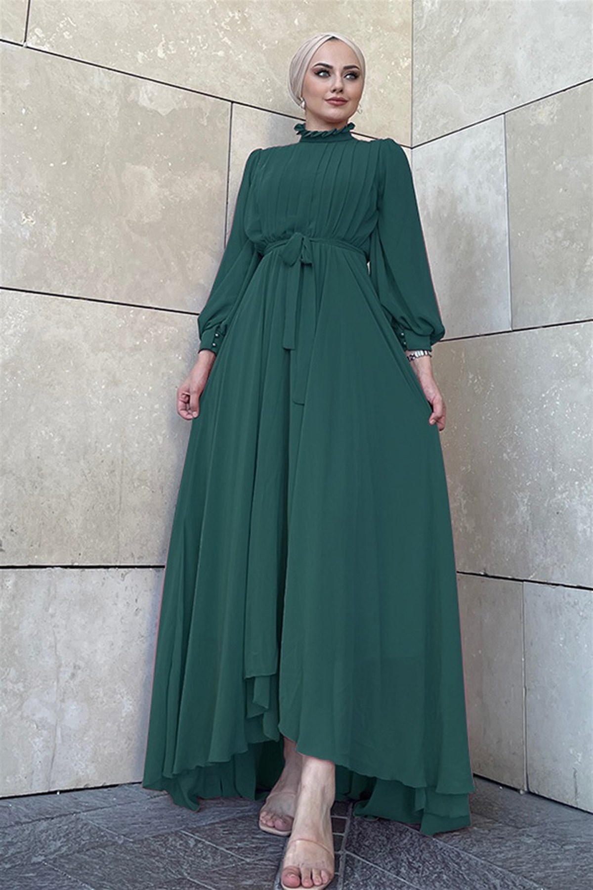 Önü Pileli Şifon Elbise -Zümrüt | KaliteMall
