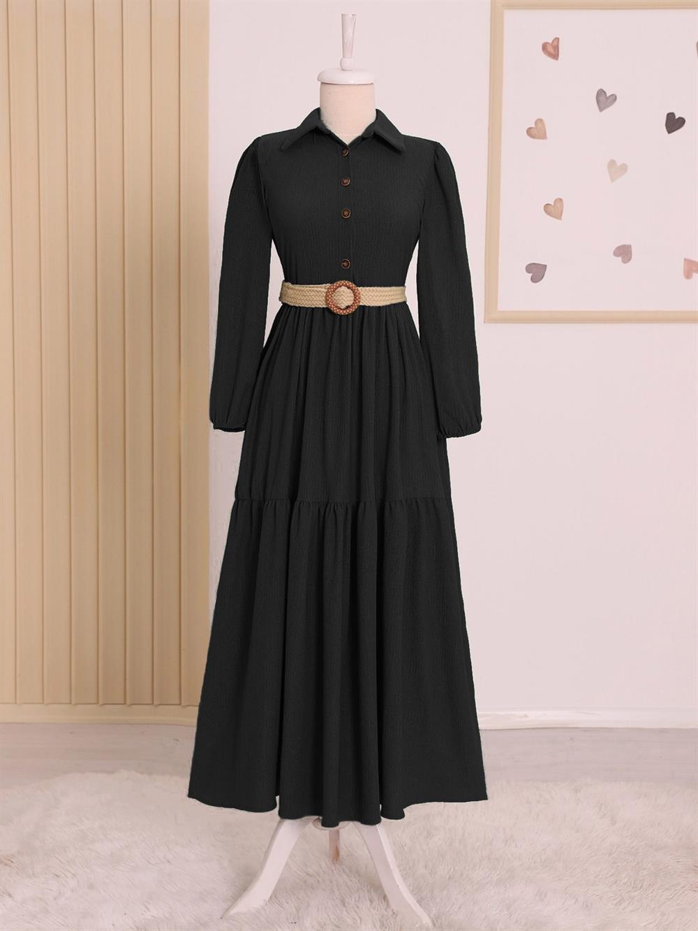 Parçalı Yarım Düğmeli Kemerli Krinkıl Elbise -Siyah | KaliteMall