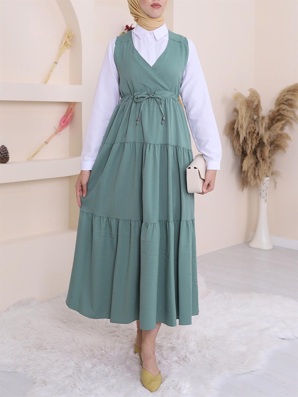 Sıfır Kol Parçalı Tünel Bağcıklı Jile-Mint - 186-577-R24 | Miss Mera Marka Jile  Elbise Modelleri | Kadın Tesettür Giyim - KaliteMall.com