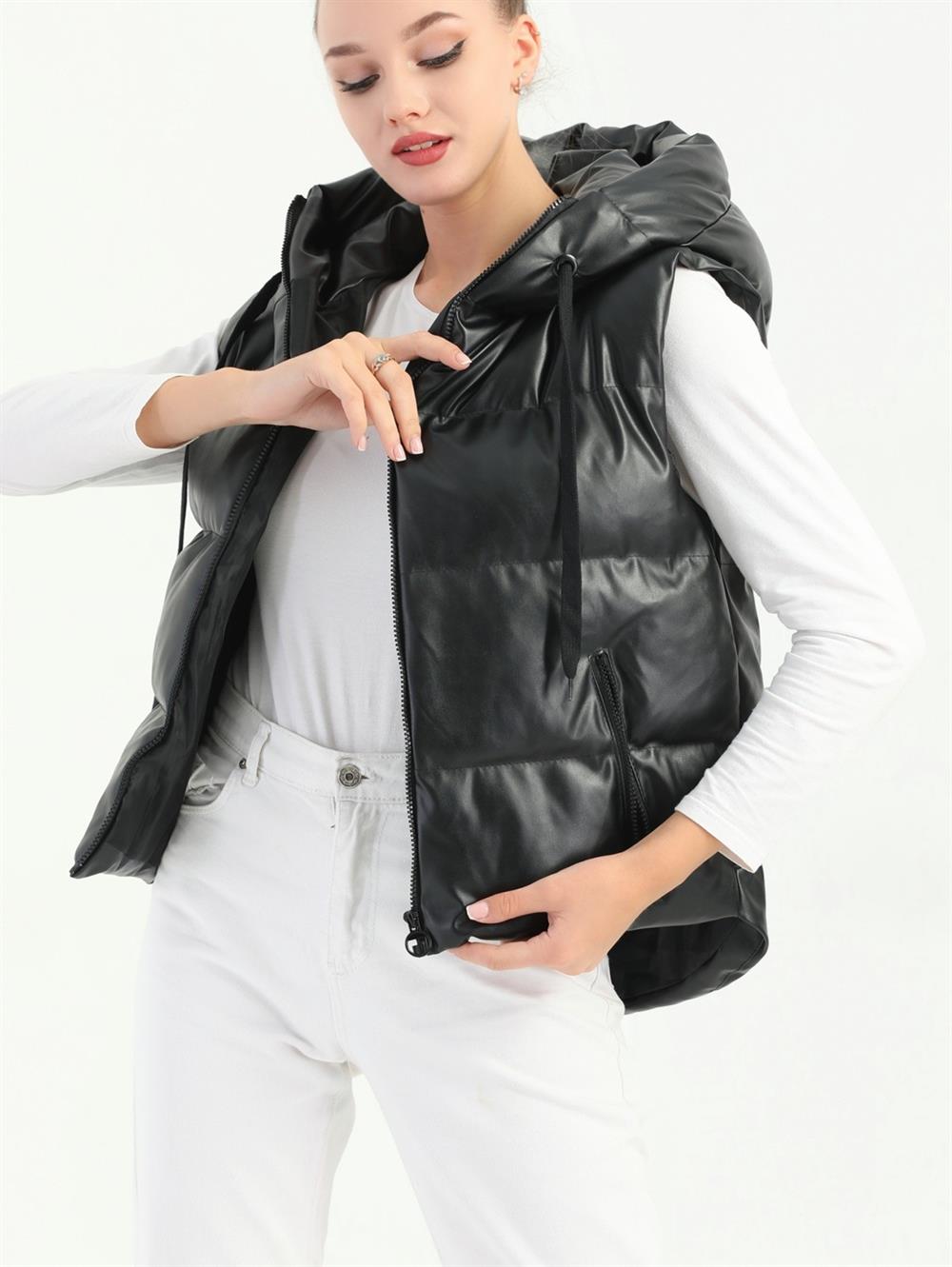 Şişme Kapşonlu Deri Yelek -Siyah - 348-11025-R01 | ENTER Marka Deri Yelek  Modelleri | Kadın Tesettür Giyim - KaliteMall.com