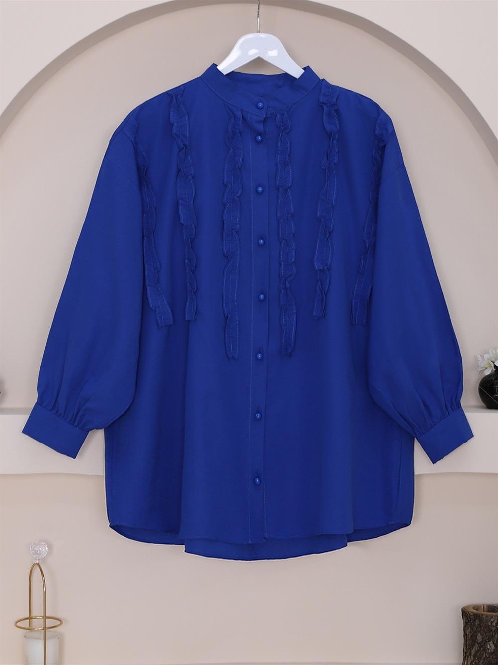 Top Düğmeli Önü Fırfırlı Salaş Gömlek -Saks - 380-025-R10 | Taba Marka Gömlek  Modelleri | Kadın Tesettür Giyim - KaliteMall.com