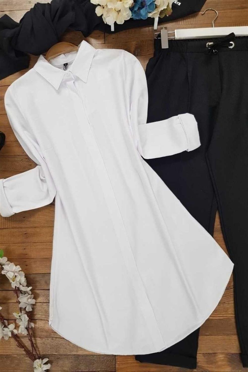 Uzun Düz Tunik Gömlek -Beyaz | KaliteMall