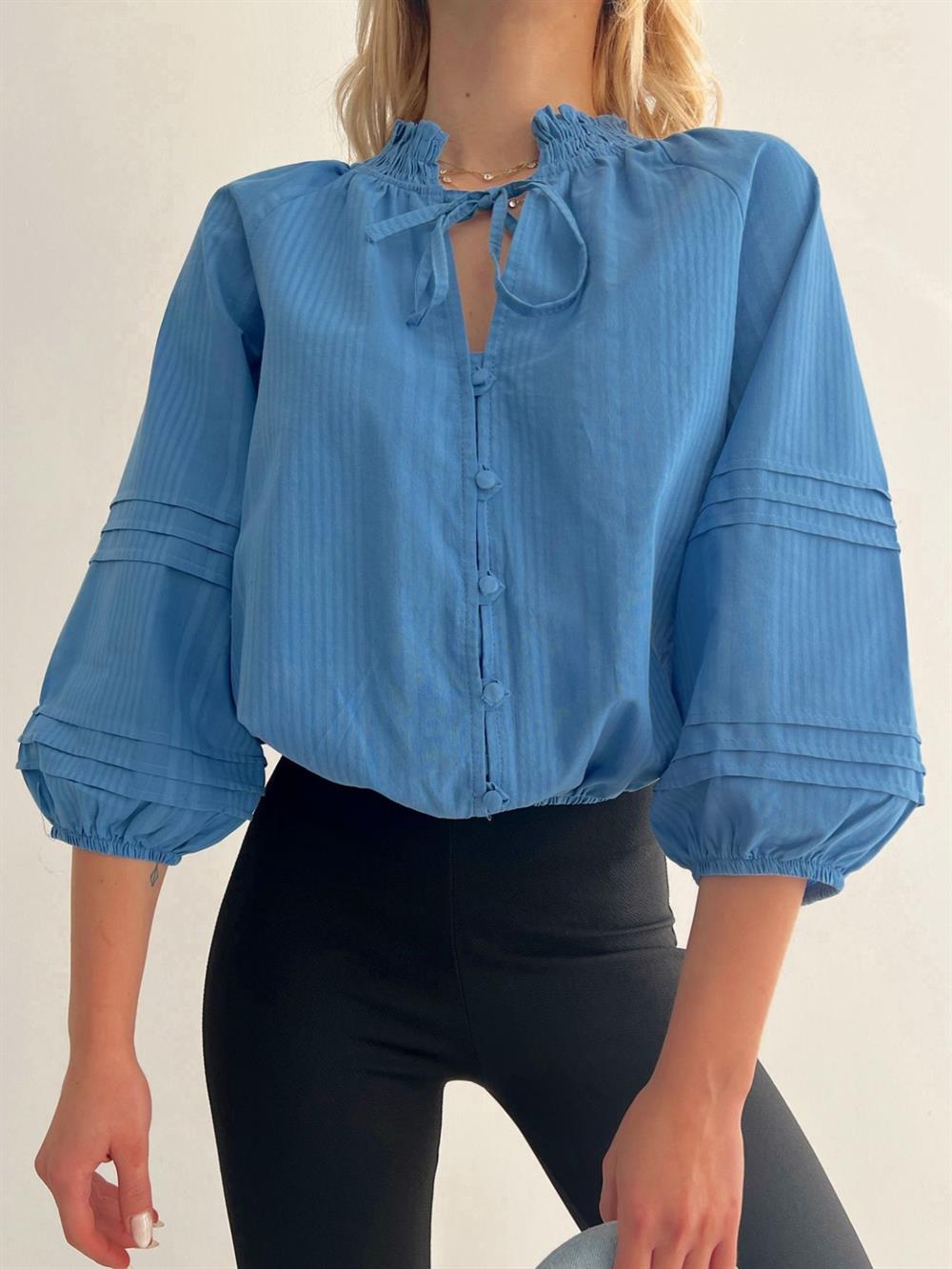 Yakası Lastikli Bağcıklı Balon Kol Gömlek Bluz -Mavi | KaliteMall