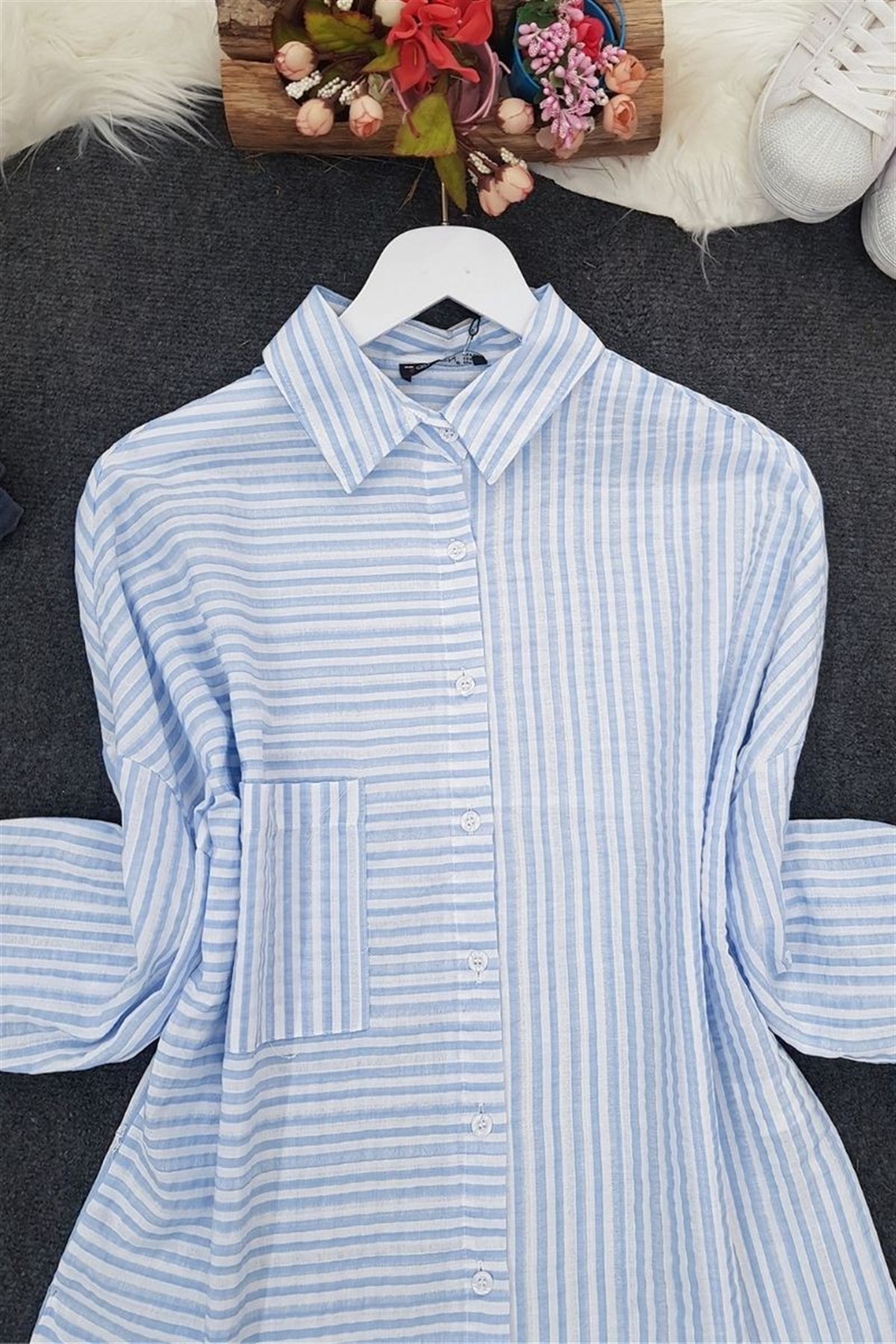 Yan Çizgili Gömlek -Mavi | QUEEN Markalı - Kadın Tesettür Giyim - Gömlek  Modelleri | KaliteMall.com