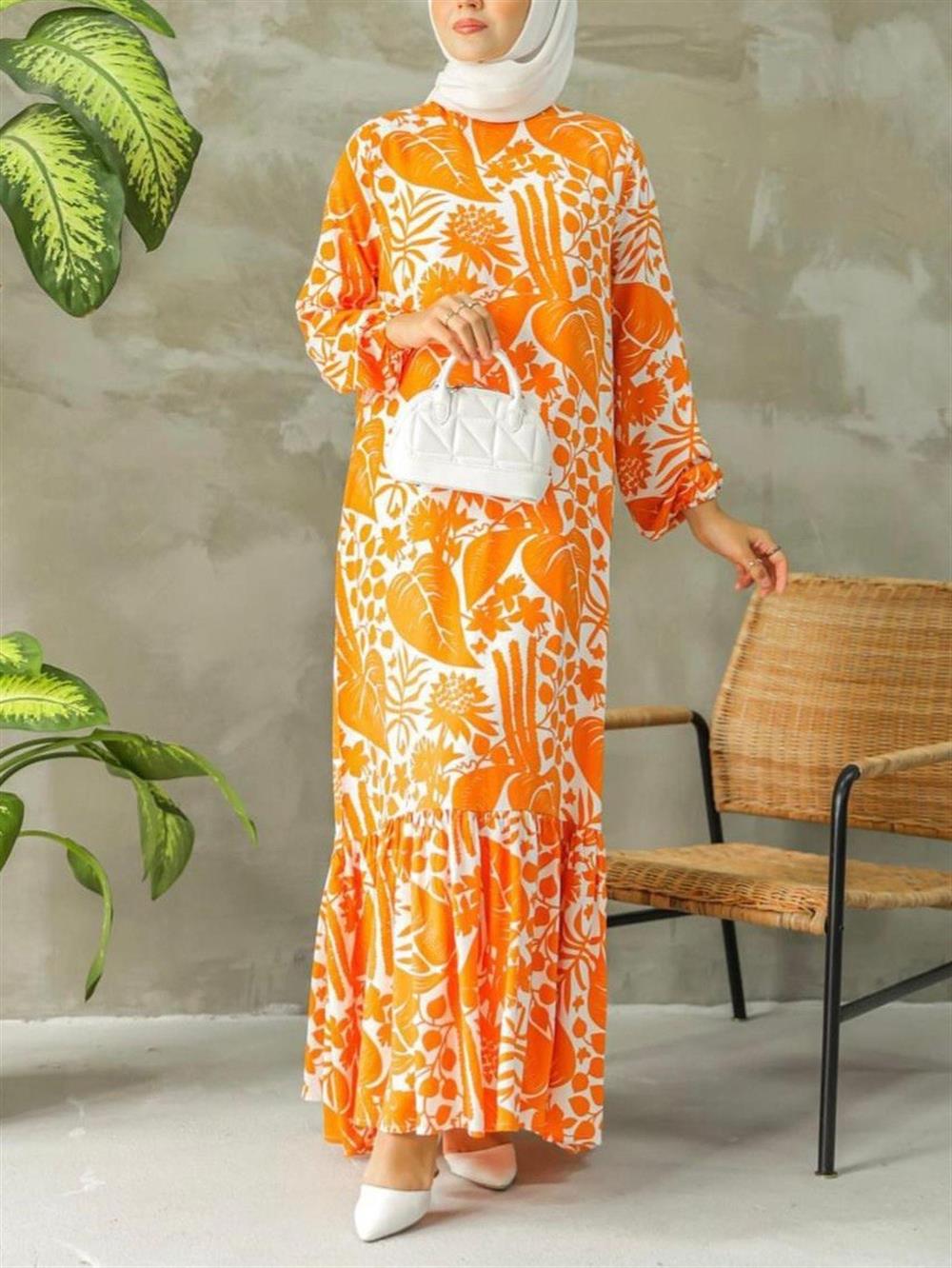 Yaprak Desen Hakim Yaka Eteği Fırfırlı Elbise -Turuncu - 199-6011-R16 |  Polo Life Elbise Modelleri | Kadın Tesettür Giyim - KaliteMall.com