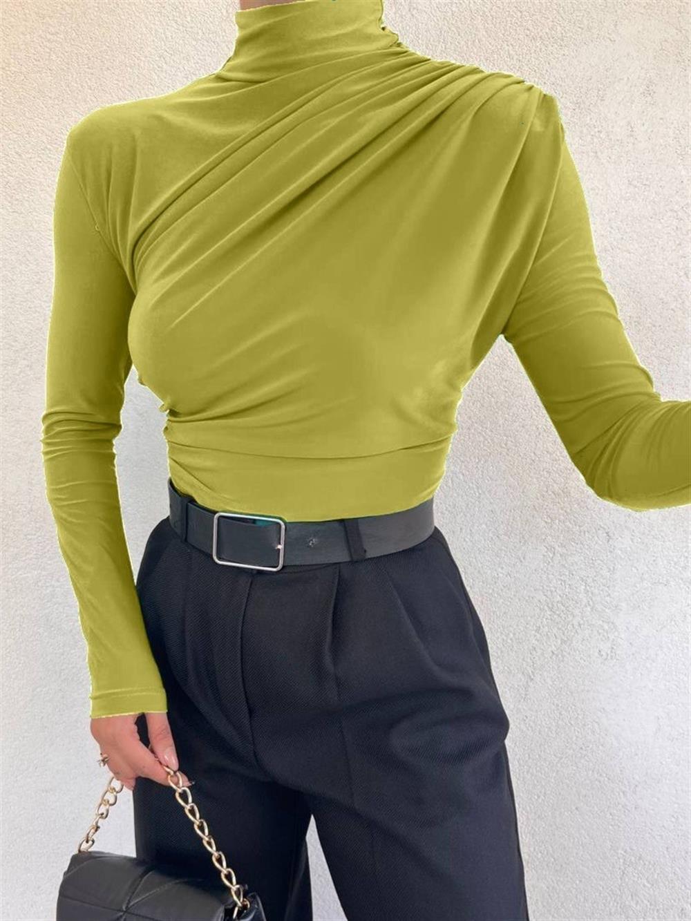 Yarım Boğaz Büzgülü Sandy Bluz -Yağ Yeşili | KaliteMall