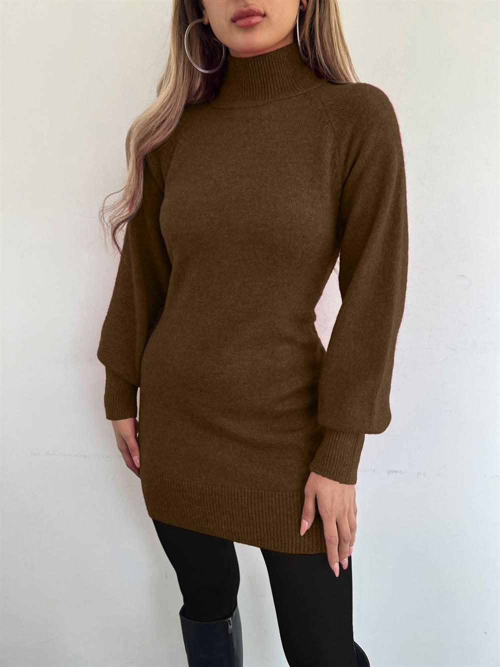 Yarım Boğazlı Kışlık Yumoş Triko Elbise -Karamel | KaliteMall