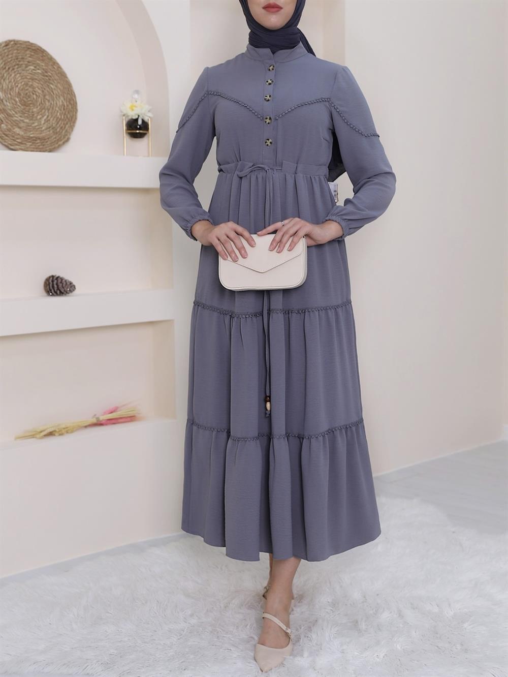 Yarım Düğmeli Parçalı Bağcıklı Elbise -Gri | KaliteMall