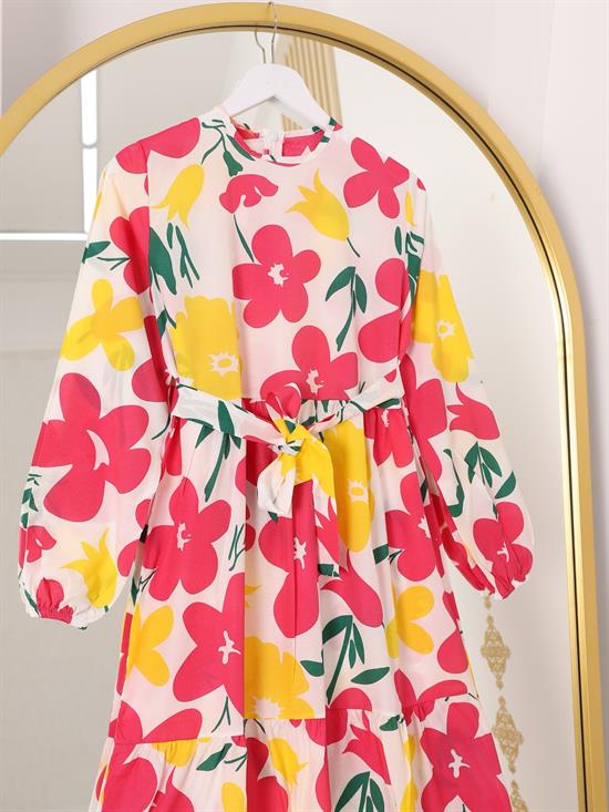 Eteği Parçalı Çiçek Motifli Elbise -Pembe