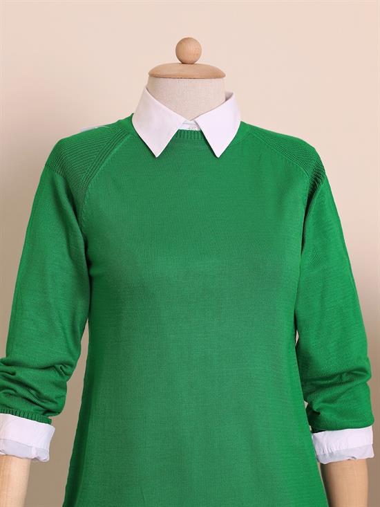 Reglan Kol Düz Triko Tunik   -Yeşil