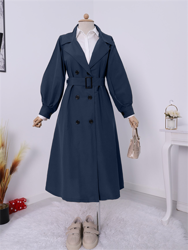 Balloon Sleeve Buckle Belted Trench Coat with Side Pockets