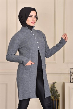 Beş Düğmeli Kemerli Triko Ceket -Gri | Empi Markalı - Kadın Tesettür Giyim  - Ceket Modelleri | KaliteMall.com