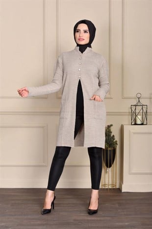 Beş Düğmeli Kemerli Triko Ceket -Krem | Empi Markalı - Kadın Tesettür Giyim  - Ceket Modelleri | KaliteMall.com