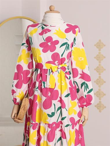 Eteği Parçalı Çiçek Motifli Elbise -Pembe