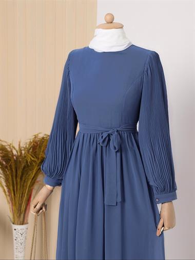 Kolları Plise Detaylı Önü Kuplu Şifon Elbise    -Koyu Mavi