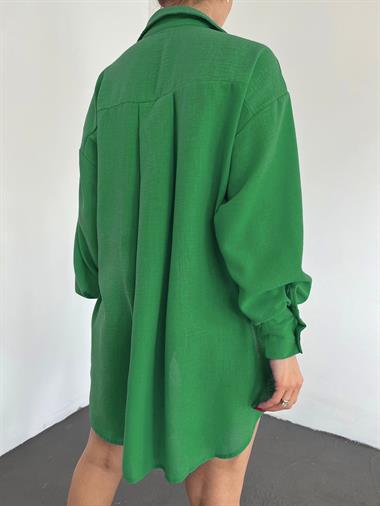 Kolu Çift Düğmeli Arkası Uzun Salaş Gömlek -Yeşil